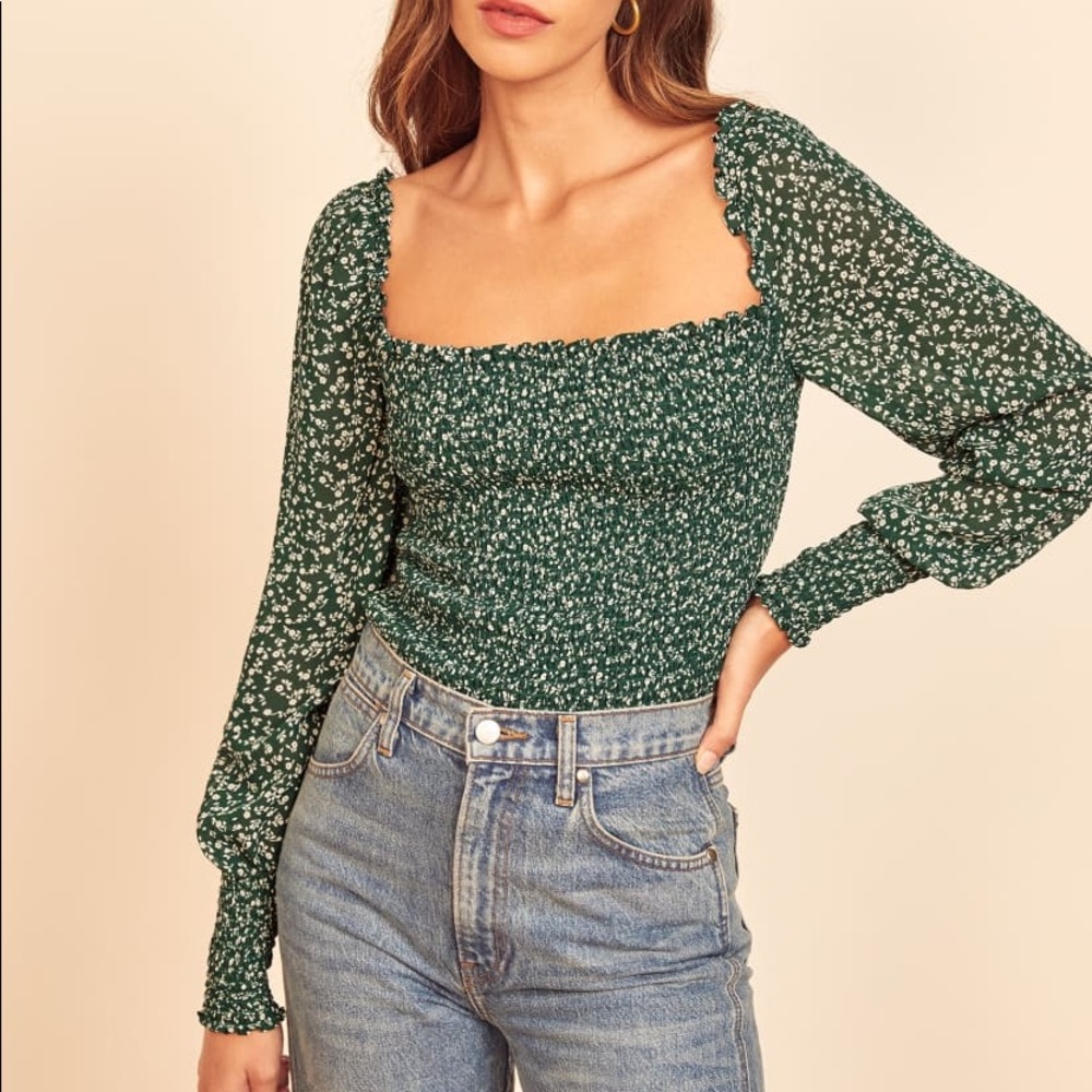 Reformation Green Floral Blouse